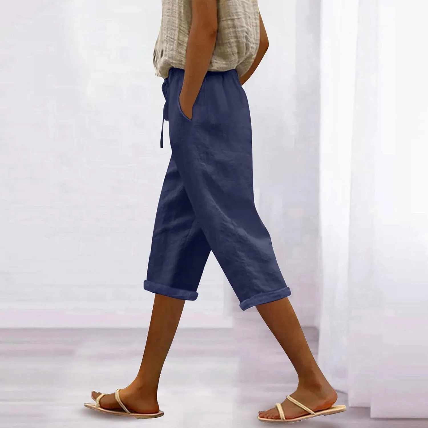Capri Pants for Women Casual Summer Cotton Linen Capris 2025 Straight Leg Drawstring Elastic Waist Cropped Trouser