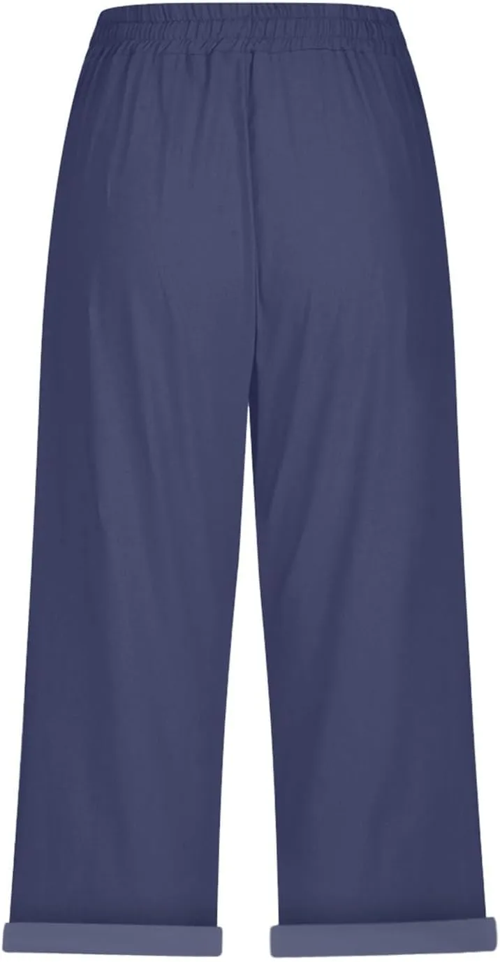 Capri Pants for Women Casual Summer Cotton Linen Capris 2025 Straight Leg Drawstring Elastic Waist Cropped Trouser