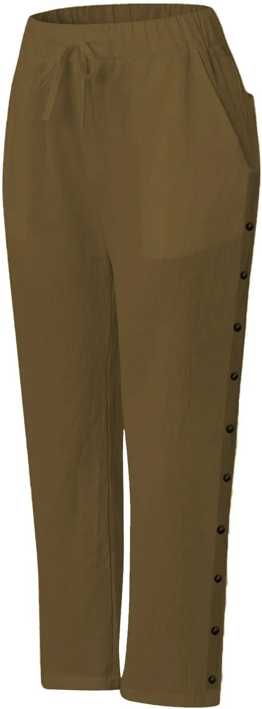 Capri Pants for Women Cotton Linen Capris with Pockets Drawstring Elastic Waisted Side Button Casual Cropped Pants
