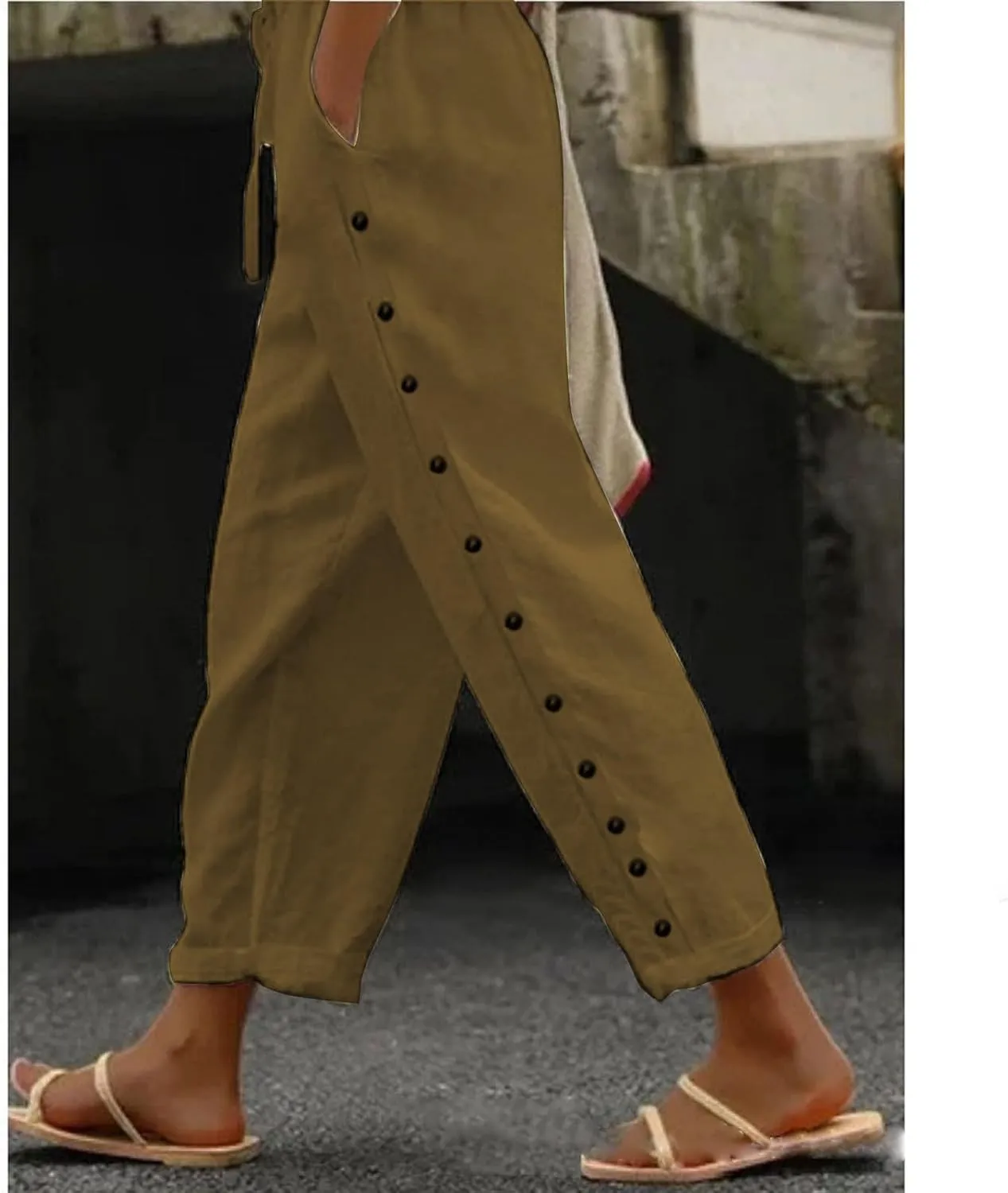 Capri Pants for Women Cotton Linen Capris with Pockets Drawstring Elastic Waisted Side Button Casual Cropped Pants