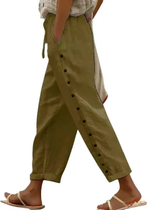 Capri Pants for Women Cotton Linen Capris with Pockets Drawstring Elastic Waisted Side Button Casual Cropped Pants