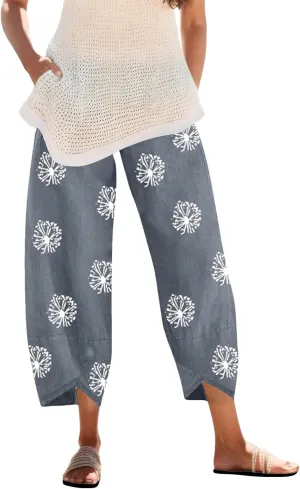 Capri Pants for Women Summer Beach Elastic Waisted Wide Leg Floral Printed Casual Loose Lightweight Relax with Pockets