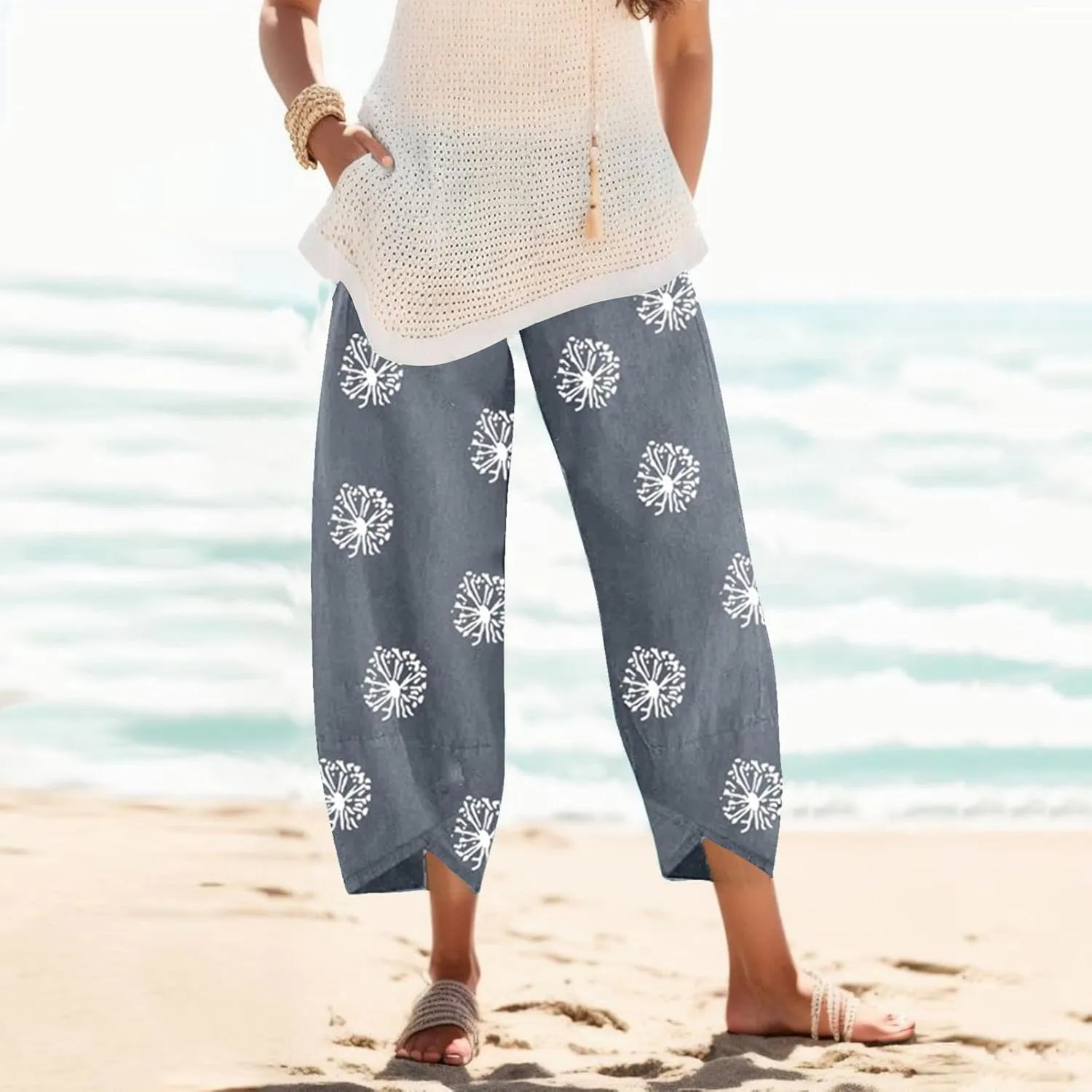 Capri Pants for Women Summer Beach Elastic Waisted Wide Leg Floral Printed Casual Loose Lightweight Relax with Pockets