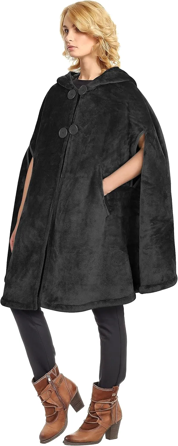Catalonia Women's Poncho Cape, Oversized Sherpa Fleece Cloak Coat, Snuggly Hooded Wearable Blanket, Gift Idea for Women Mom