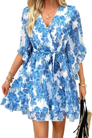 Chiffon Dresses for Women V Neck Bell Half Sleeve Mini Floral Dress Dressy Loose A Line Dress Casual Beach Dresses