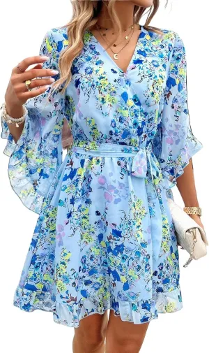 Chiffon Dresses for Women V Neck Bell Half Sleeve Mini Floral Dress Dressy Loose A Line Dress Casual Beach Dresses