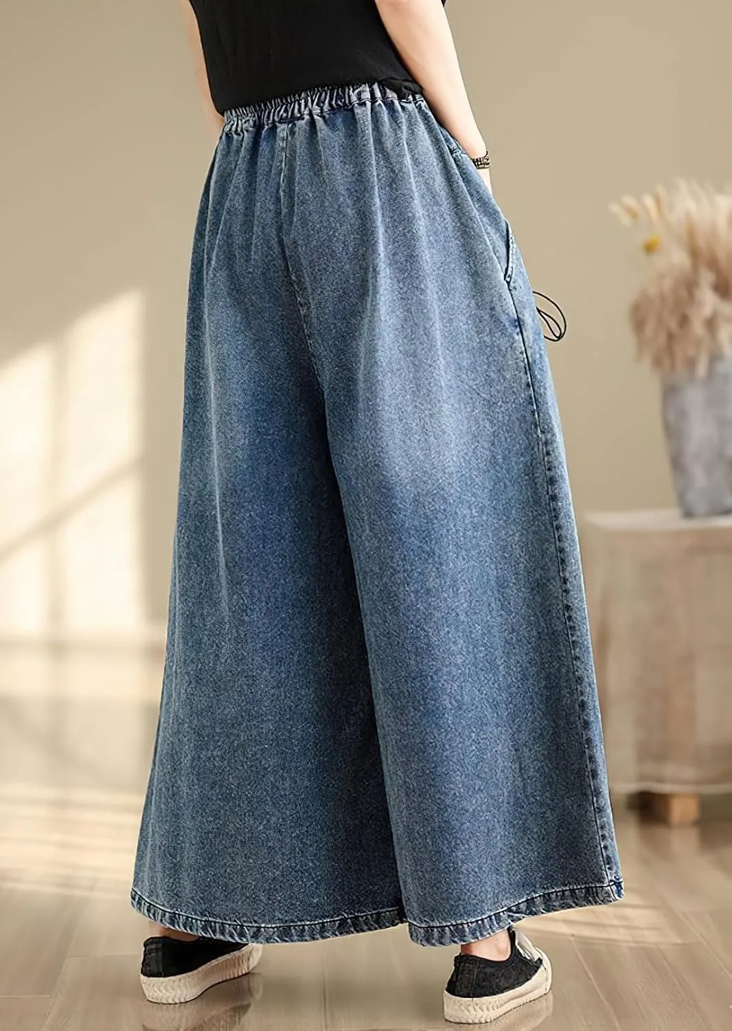 chouyatou Women's Casual Wide Leg Denim Pants Baggy Culotte Jeans Elastic Waist Loose Trousers
