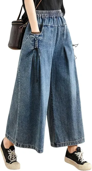 chouyatou Women's Casual Wide Leg Denim Pants Baggy Culotte Jeans Elastic Waist Loose Trousers