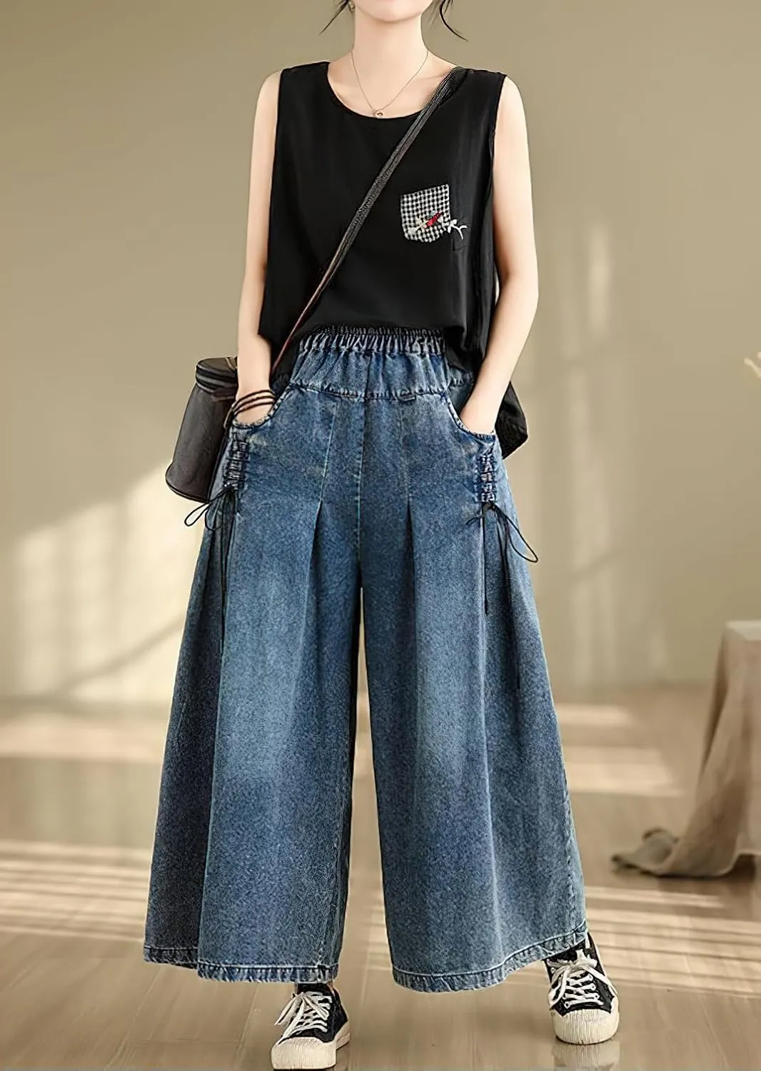 chouyatou Women's Casual Wide Leg Denim Pants Baggy Culotte Jeans Elastic Waist Loose Trousers