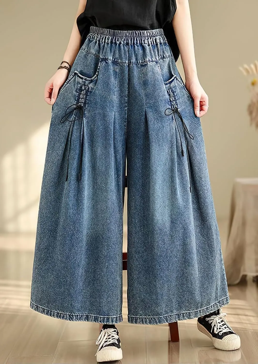 chouyatou Women's Casual Wide Leg Denim Pants Baggy Culotte Jeans Elastic Waist Loose Trousers
