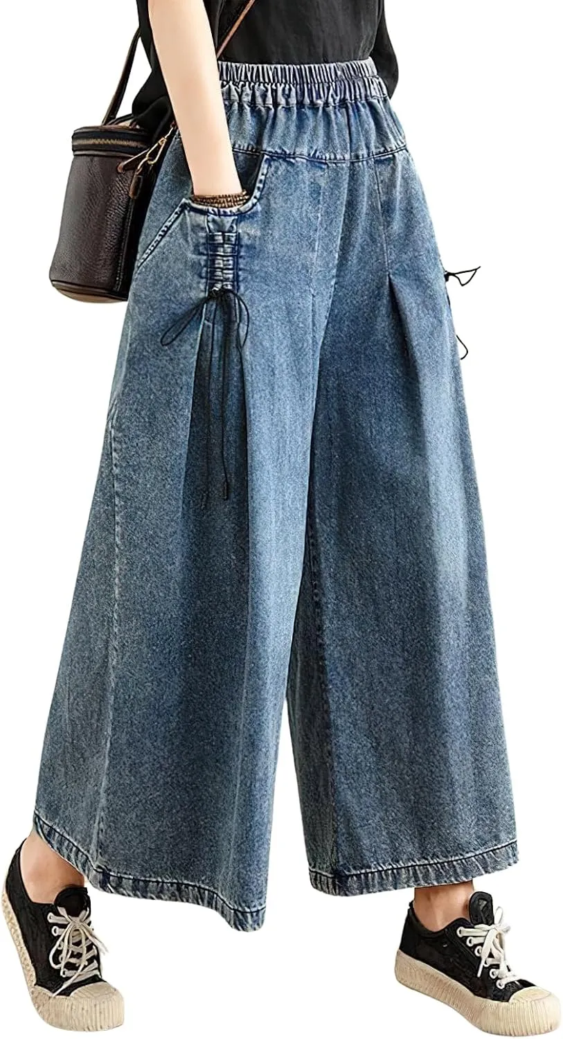 chouyatou Women's Casual Wide Leg Denim Pants Baggy Culotte Jeans Elastic Waist Loose Trousers