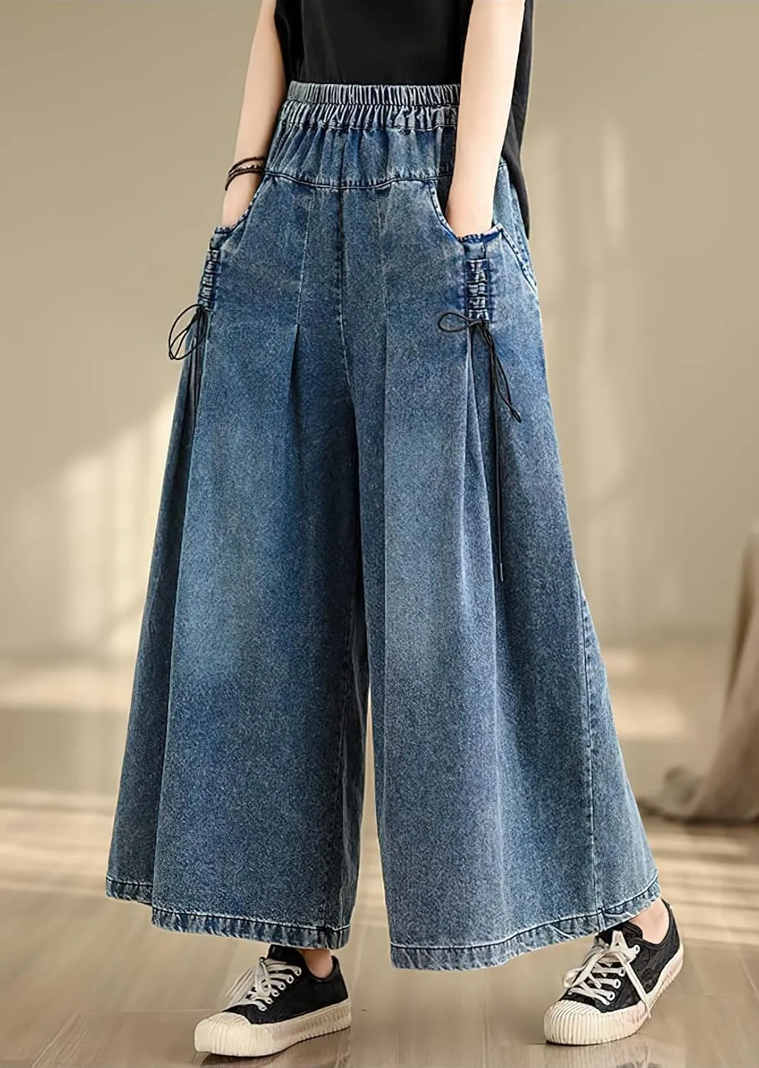 chouyatou Women's Casual Wide Leg Denim Pants Baggy Culotte Jeans Elastic Waist Loose Trousers