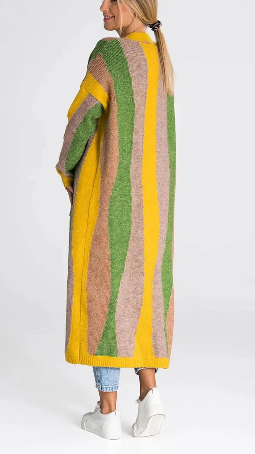 chouyatou Women's Fall Open Front Color Block Long Cardigan Sweater Coat Casual Vertical Striped Coatigan