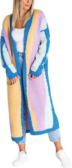 chouyatou Women's Fall Open Front Color Block Long Cardigan Sweater Coat Casual Vertical Striped Coatigan