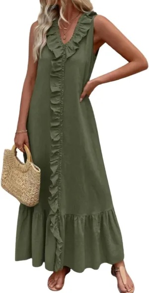 chouyatou Women's Summer Beach Cotton Tank Dress Linen Boho Sleeveless Tiered Ruffle Maxi Long Sundress