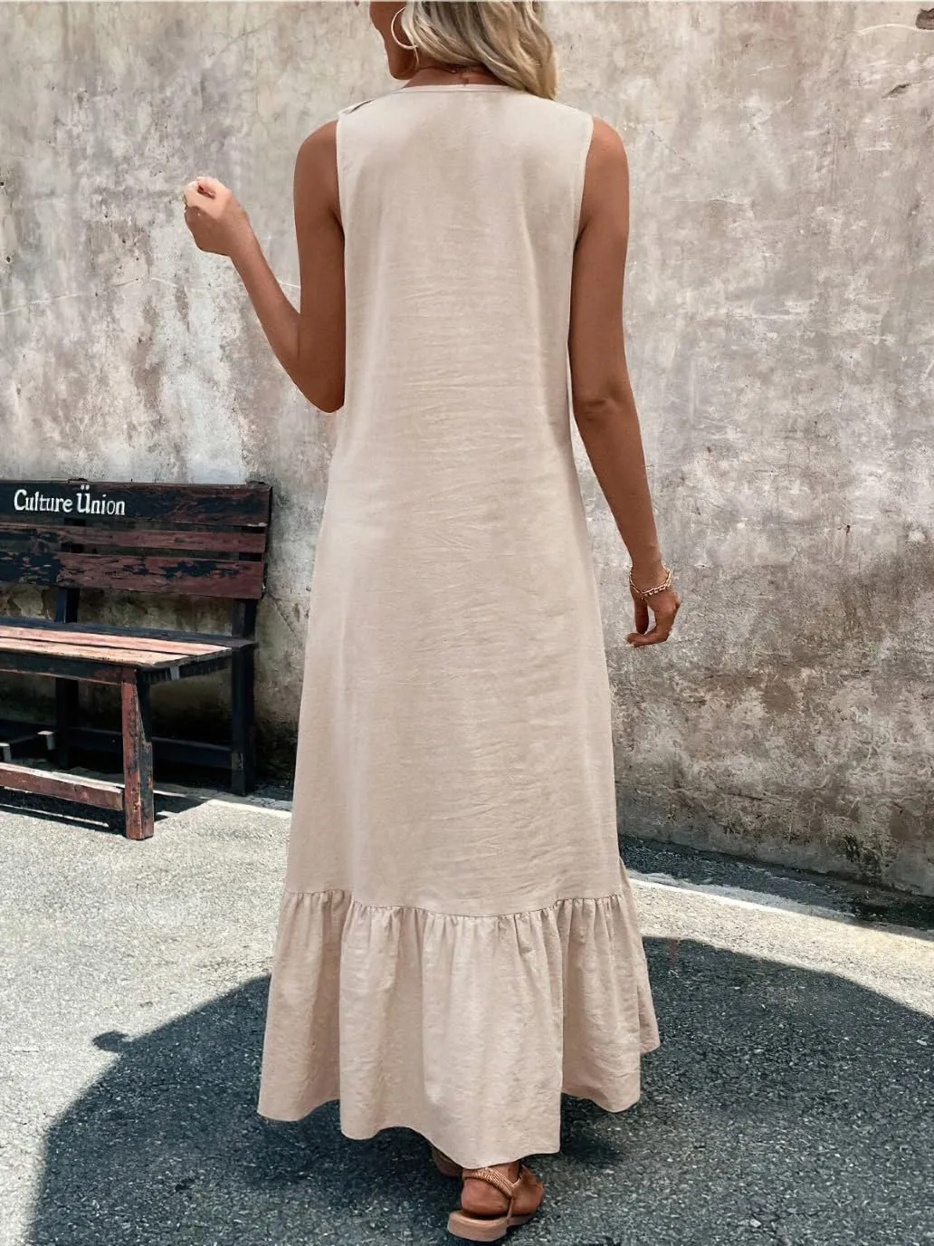 chouyatou Women's Summer Beach Cotton Tank Dress Linen Boho Sleeveless Tiered Ruffle Maxi Long Sundress