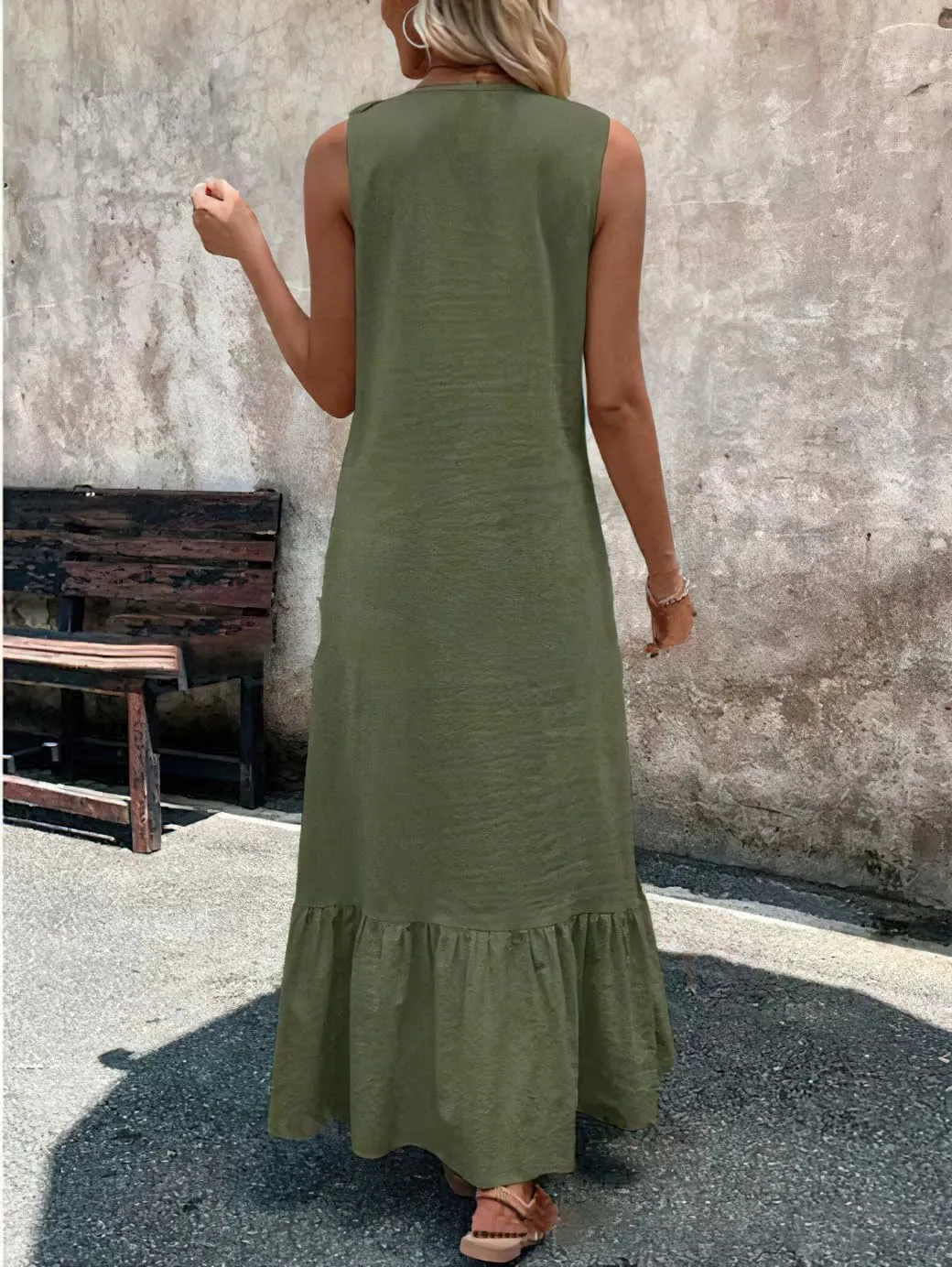 chouyatou Women's Summer Beach Cotton Tank Dress Linen Boho Sleeveless Tiered Ruffle Maxi Long Sundress