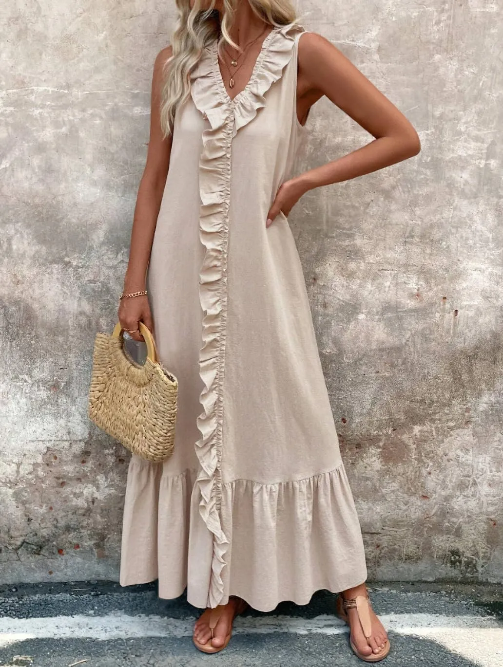chouyatou Women's Summer Beach Cotton Tank Dress Linen Boho Sleeveless Tiered Ruffle Maxi Long Sundress
