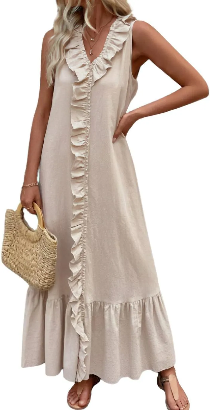 chouyatou Women's Summer Beach Cotton Tank Dress Linen Boho Sleeveless Tiered Ruffle Maxi Long Sundress