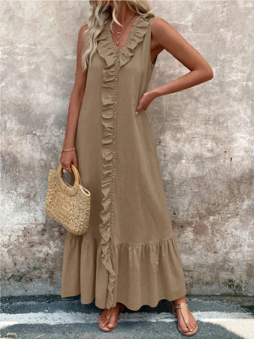 chouyatou Women's Summer Beach Cotton Tank Dress Linen Boho Sleeveless Tiered Ruffle Maxi Long Sundress
