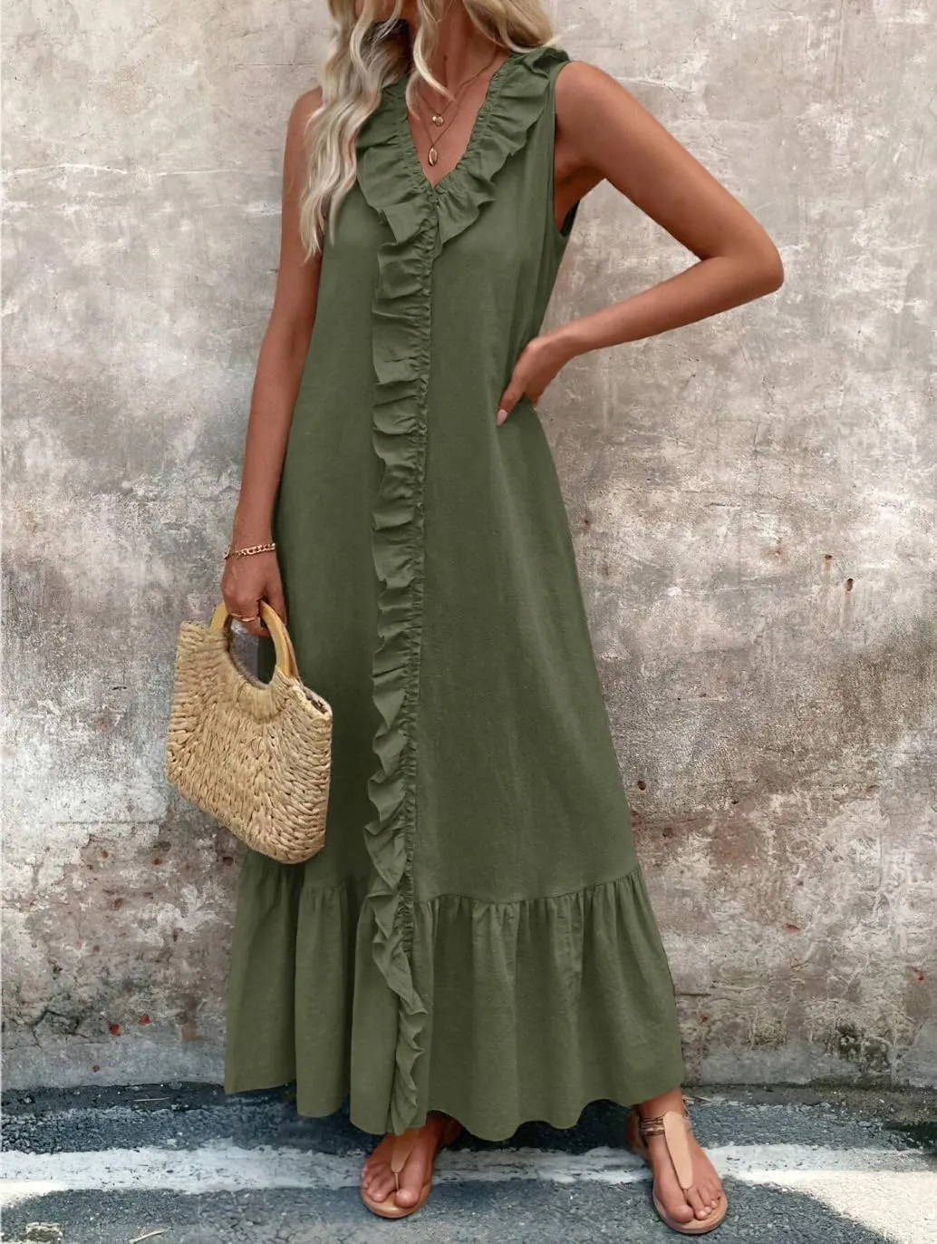chouyatou Women's Summer Beach Cotton Tank Dress Linen Boho Sleeveless Tiered Ruffle Maxi Long Sundress