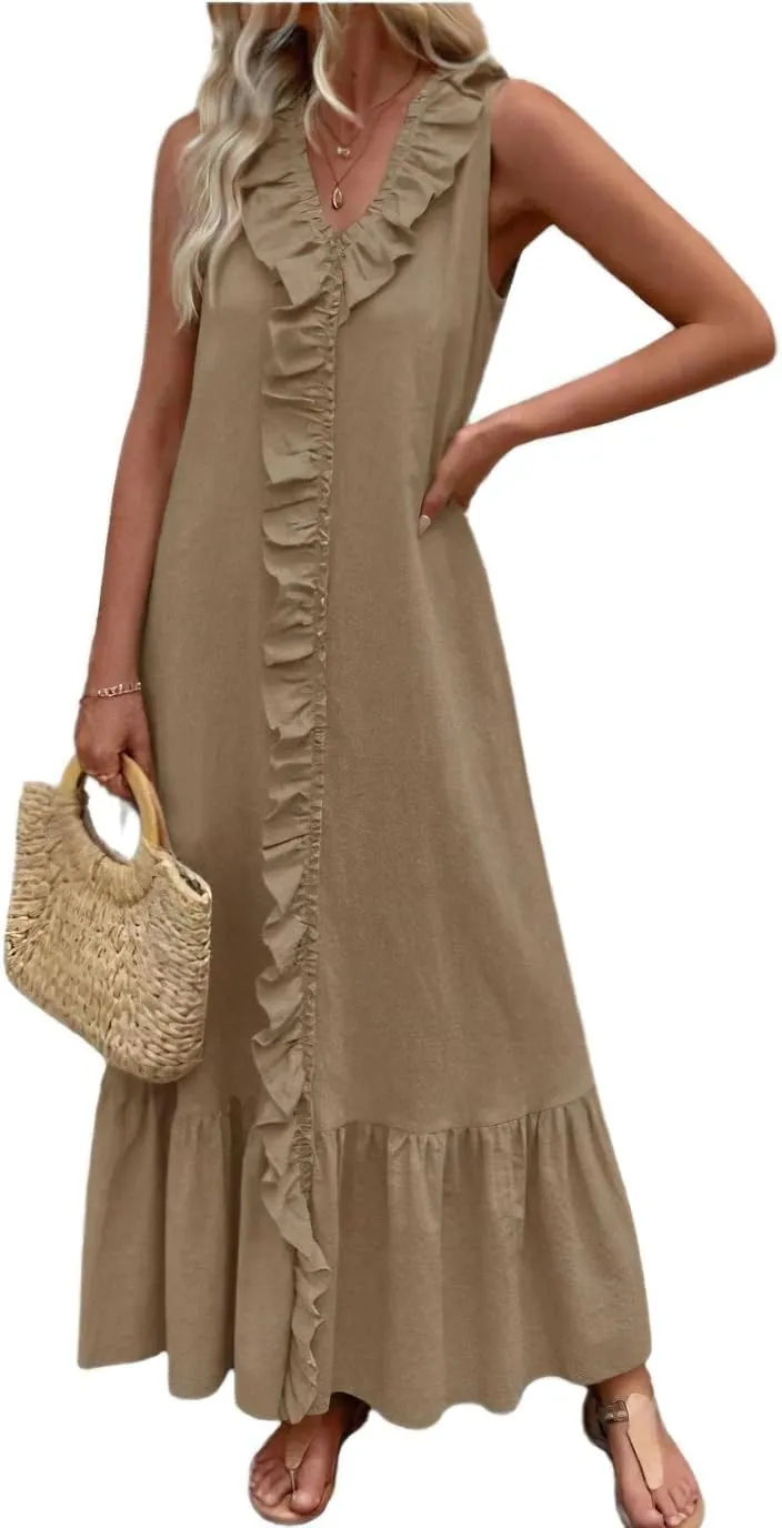 chouyatou Women's Summer Beach Cotton Tank Dress Linen Boho Sleeveless Tiered Ruffle Maxi Long Sundress