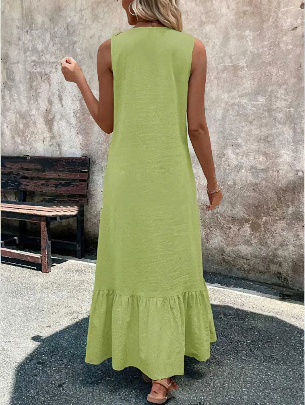 chouyatou Women's Summer Beach Cotton Tank Dress Linen Boho Sleeveless Tiered Ruffle Maxi Long Sundress