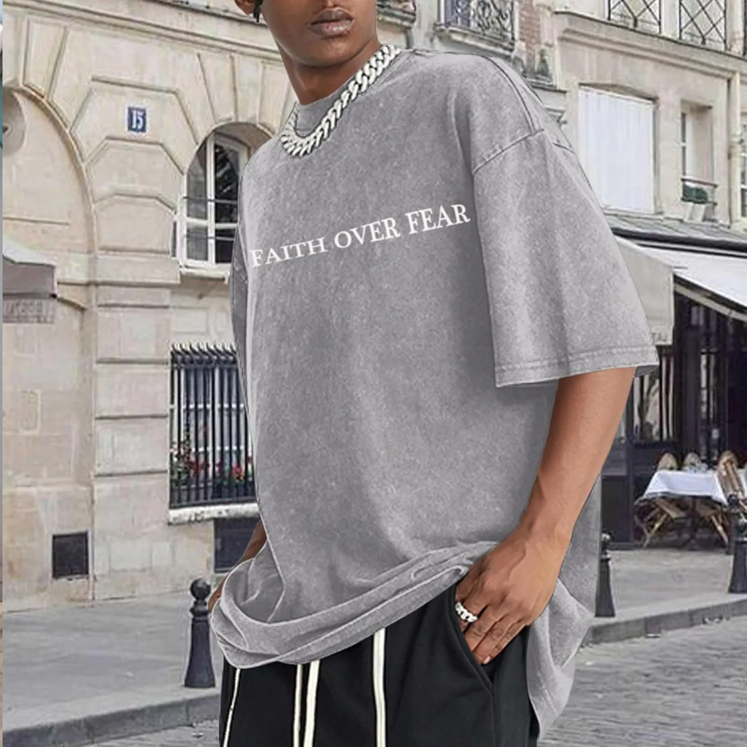 Christian Faith Over Fear Shirt for Men Jesus Religious Shirts Oversized Graphic Tees Acid Wash God T-Shirt