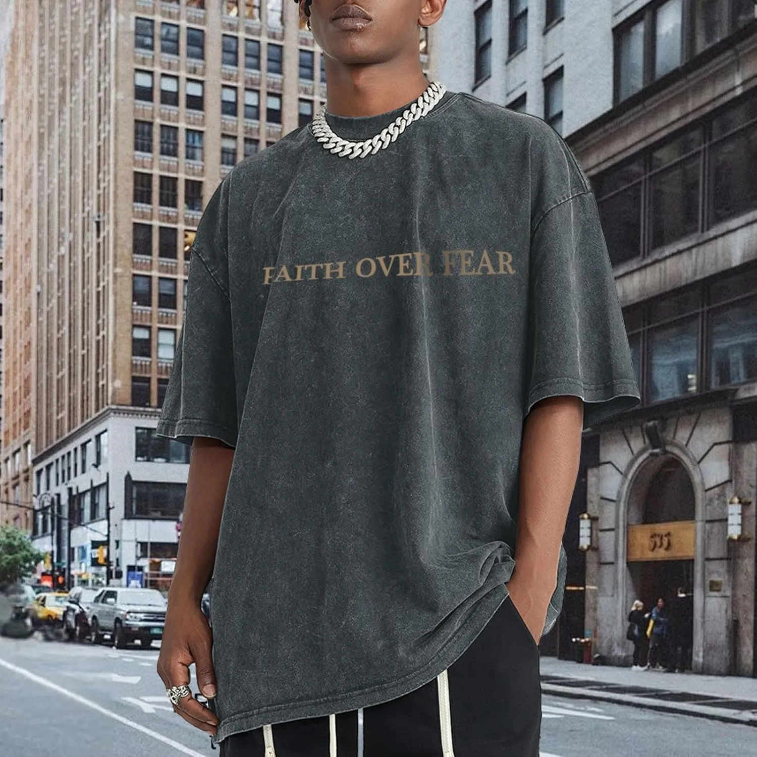 Christian Faith Over Fear Shirt for Men Jesus Religious Shirts Oversized Graphic Tees Acid Wash God T-Shirt