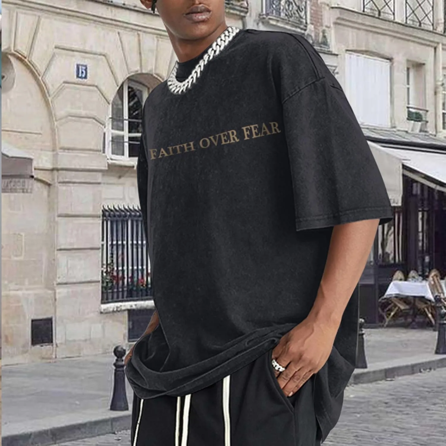 Christian Faith Over Fear Shirt for Men Jesus Religious Shirts Oversized Graphic Tees Acid Wash God T-Shirt