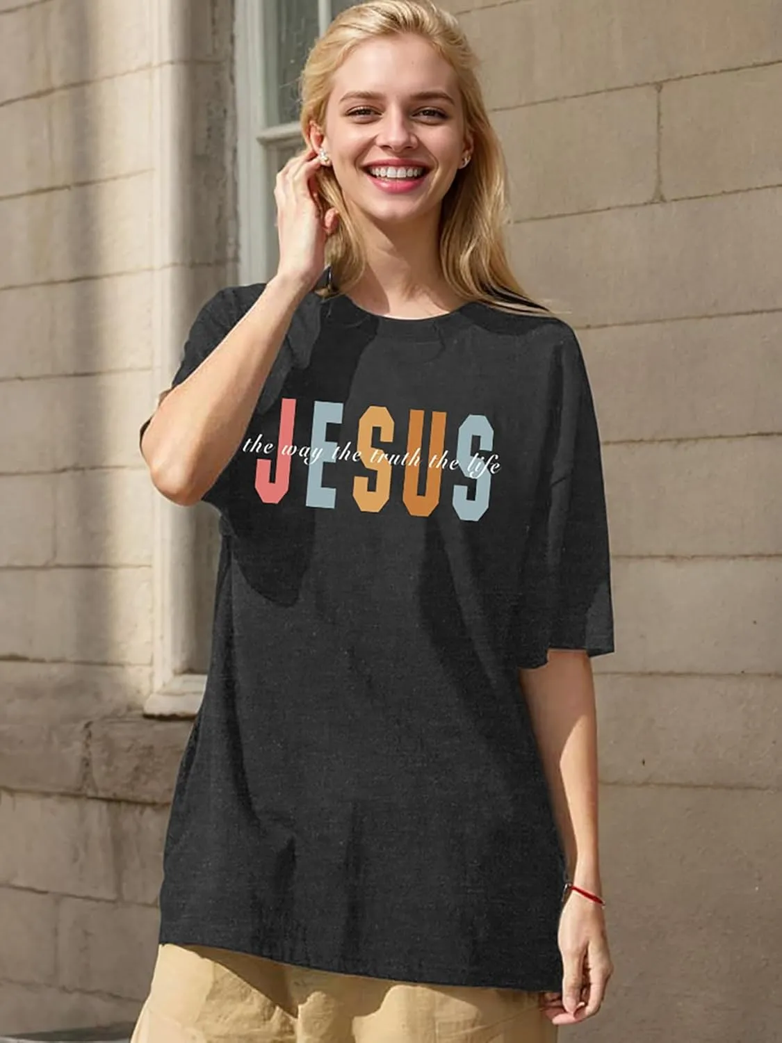 Christian Shirts for Women Oversized Jesus Shirt Faith Graphic Religious Sayings Tee Shirt Drop Shoulder Tops