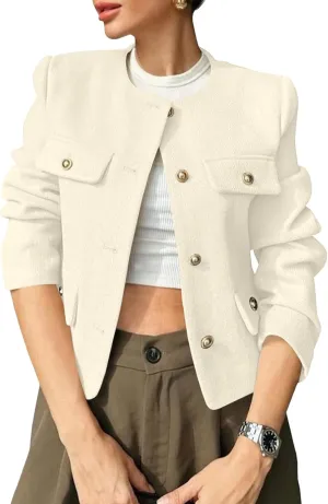 Cicy Bell Womens Cropped Tweed Blazer Jackets Collarless Button Down Business Casual Outfits with Pockets