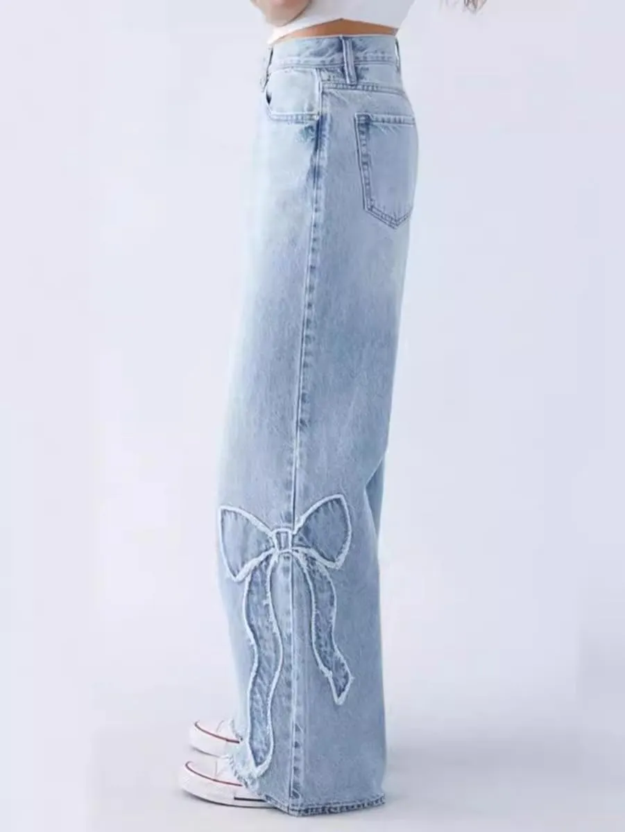 CORIRESHA Women's Straight Leg Frayed Edge Bow-Tie Embroidery High Rise Loose Denim Jeans
