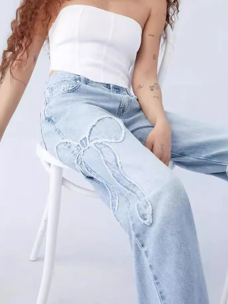 CORIRESHA Women's Straight Leg Frayed Edge Bow-Tie Embroidery High Rise Loose Denim Jeans