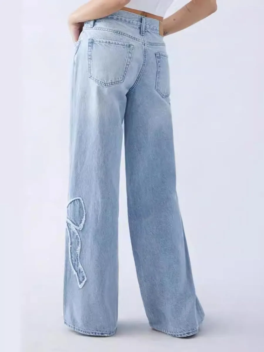 CORIRESHA Women's Straight Leg Frayed Edge Bow-Tie Embroidery High Rise Loose Denim Jeans