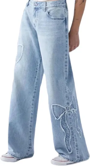 CORIRESHA Women's Straight Leg Frayed Edge Bow-Tie Embroidery High Rise Loose Denim Jeans