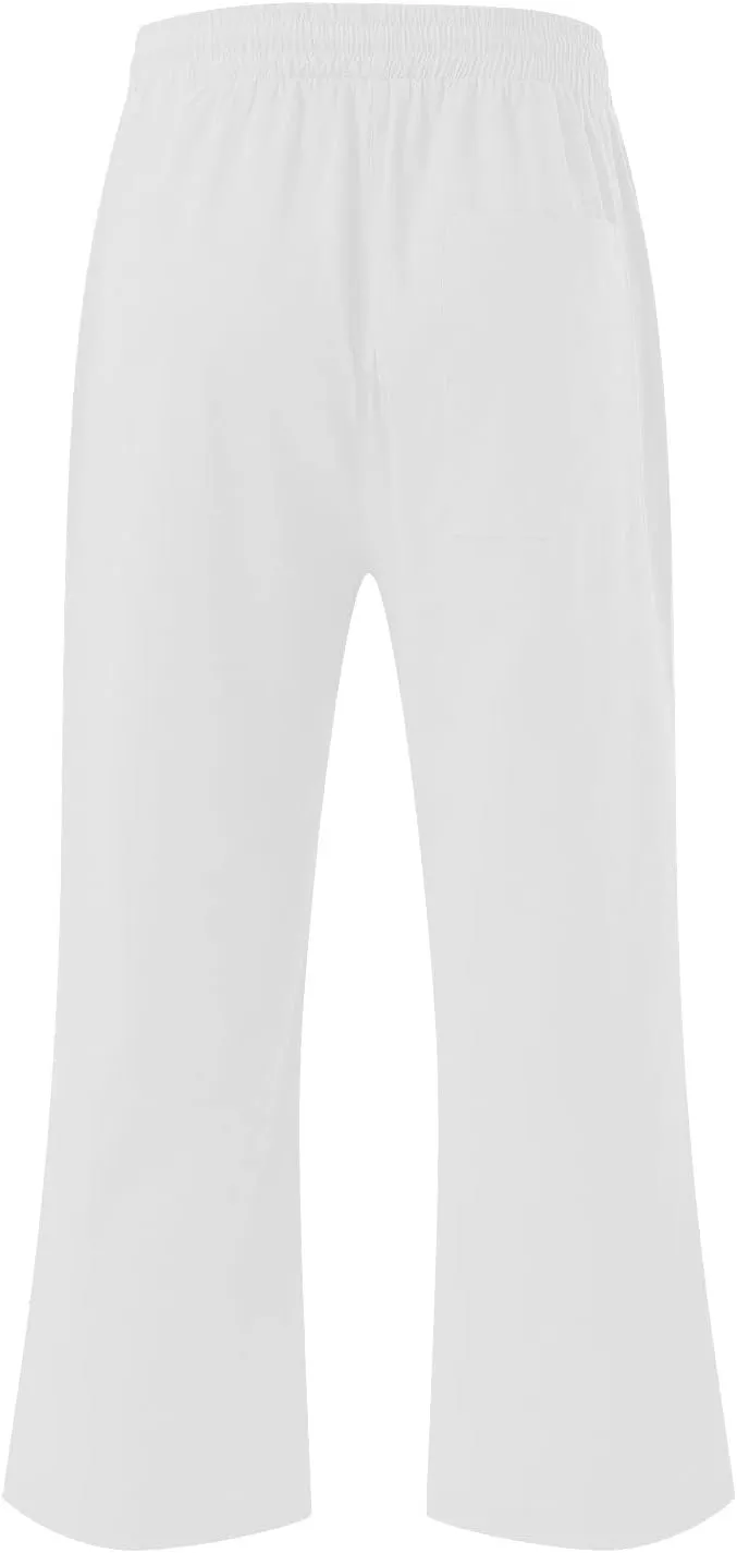 Cotton Linen Capri Pants for Women 2025 Casual Summer Drawstring Elastic Waist Wide Leg Cropped Trousers with Pockets