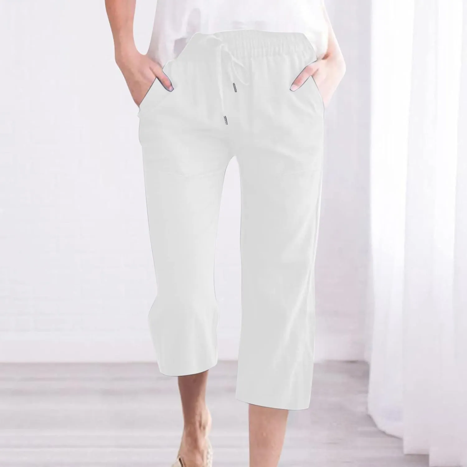 Cotton Linen Capri Pants for Women 2025 Casual Summer Drawstring Elastic Waist Wide Leg Cropped Trousers with Pockets