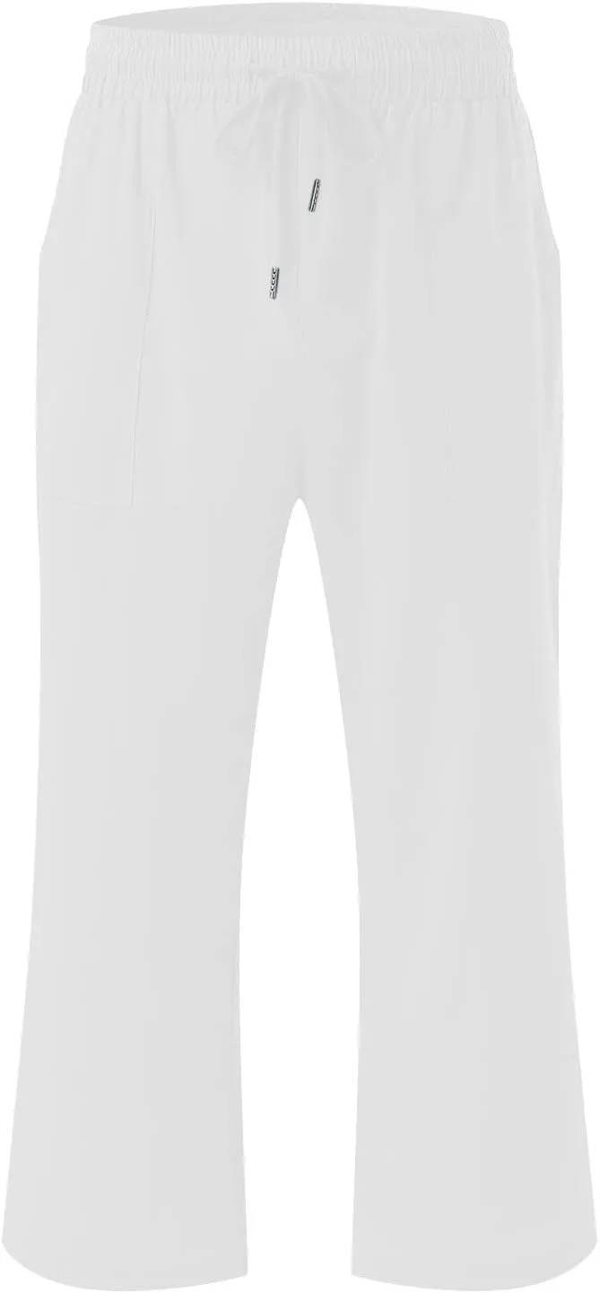Cotton Linen Capri Pants for Women 2025 Casual Summer Drawstring Elastic Waist Wide Leg Cropped Trousers with Pockets