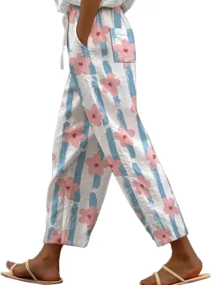 Cotton Linen Capri Pants for Women Cotton Elastic Waisted Drawstring High Waist Pants Wide Leg Cropped Trousers