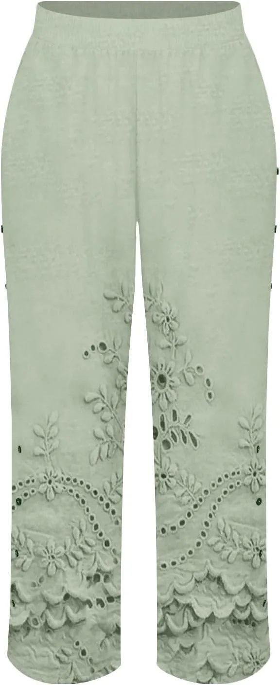 Cotton Linen Capri Pants for Women Cotton Elastic Waisted Drawstring High Waist Pants Wide Leg Cropped Trousers