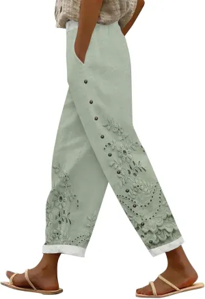 Cotton Linen Capri Pants for Women Cotton Elastic Waisted Drawstring High Waist Pants Wide Leg Cropped Trousers