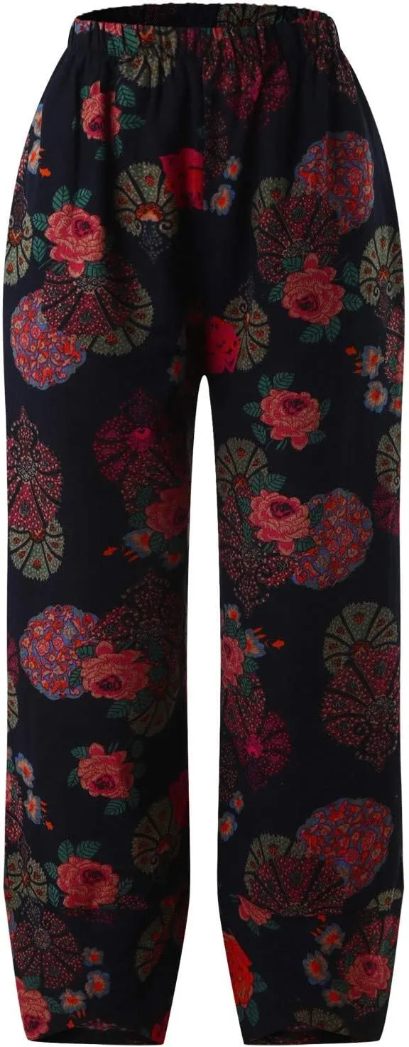 Cotton Linen Casual Summer Capri Pants for Women Cropped Comfy Baggy Trousers Palazzo Lounge Pants, Medium