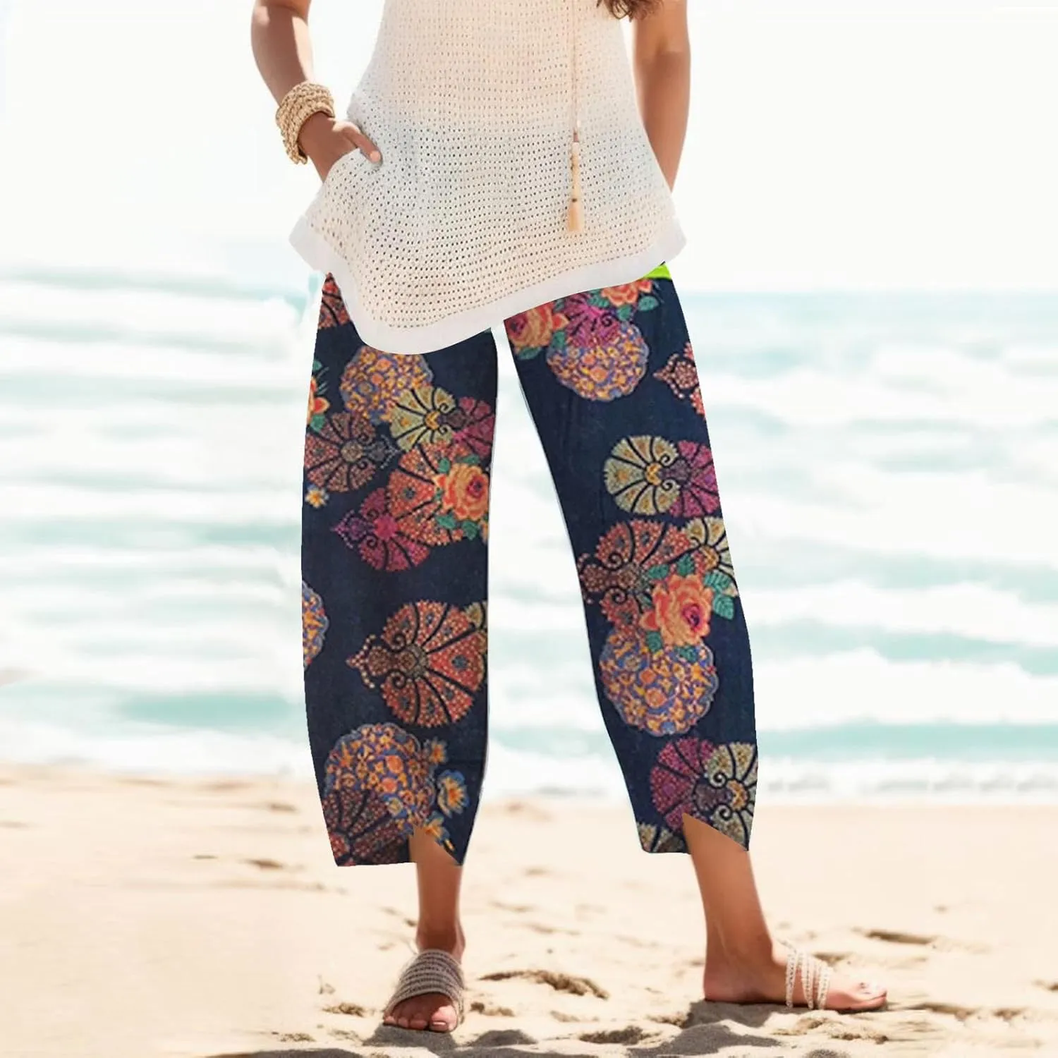 Cotton Linen Casual Summer Capri Pants for Women Cropped Comfy Baggy Trousers Palazzo Lounge Pants, Medium