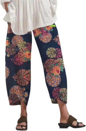 Cotton Linen Casual Summer Capri Pants for Women Cropped Comfy Baggy Trousers Palazzo Lounge Pants, Medium