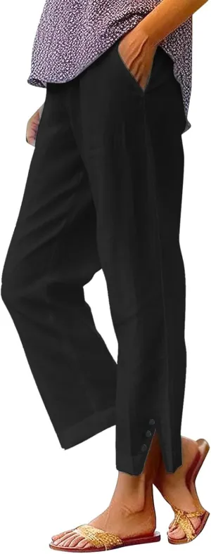 Cotton Linen Cropped Pants for Women Summer Elastic Waist Straight Wide Leg Solid Boho Beach Trouser with Pockets