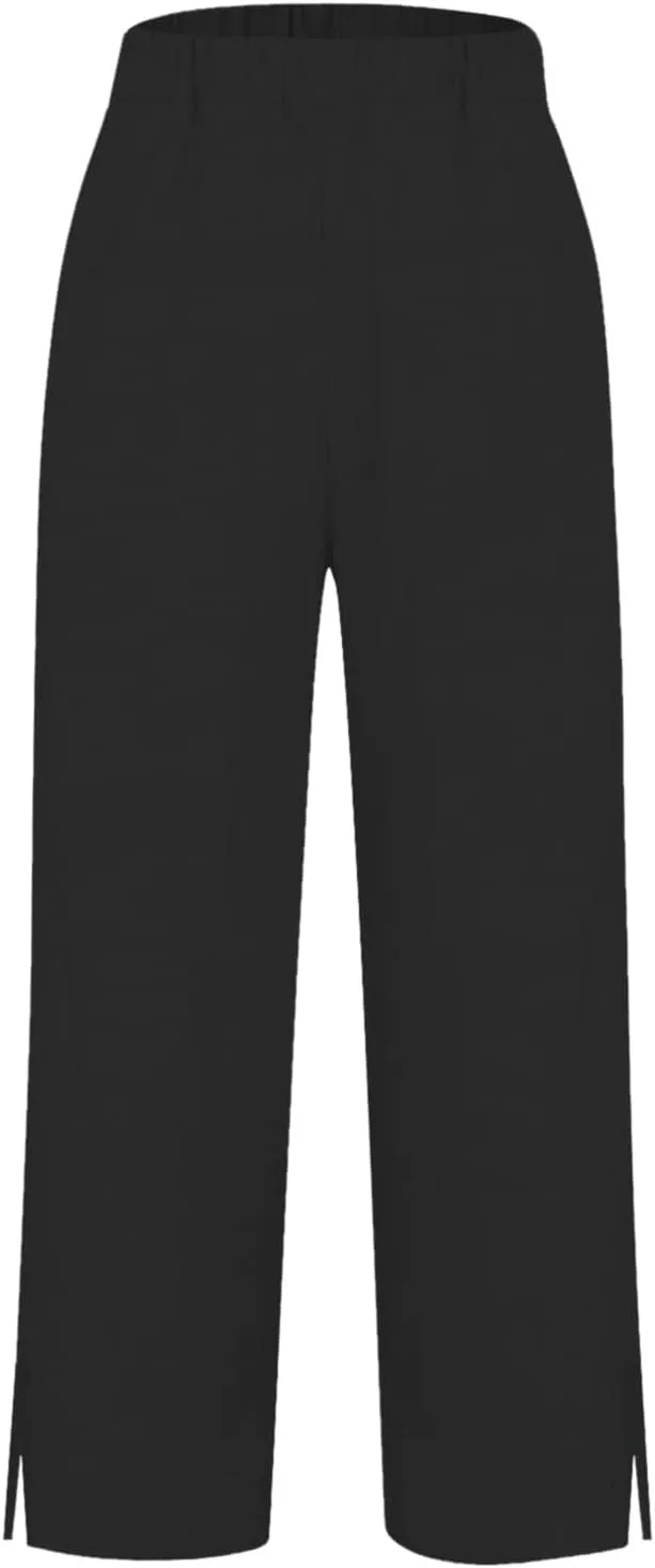 Cotton Linen Cropped Pants for Women Summer Elastic Waist Straight Wide Leg Solid Boho Beach Trouser with Pockets