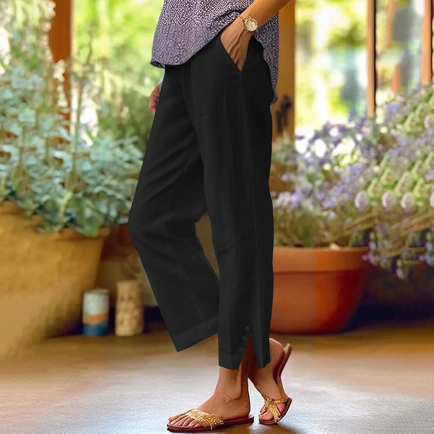 Cotton Linen Cropped Pants for Women Summer Elastic Waist Straight Wide Leg Solid Boho Beach Trouser with Pockets