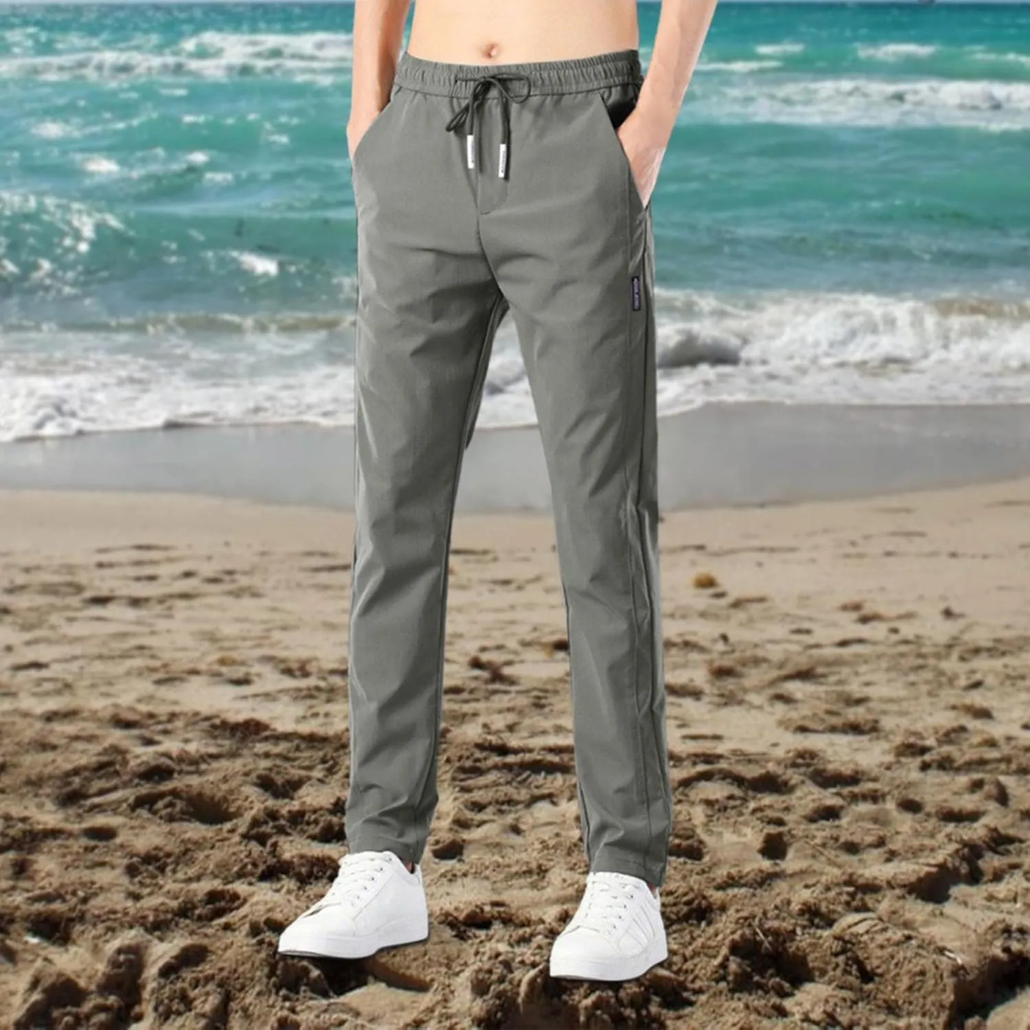 Cotton Linen Pants for Men Casual Loose Fit Pants Outdoor Hiking Trousers Drawstring Elastic Waist Straight Leg Pant