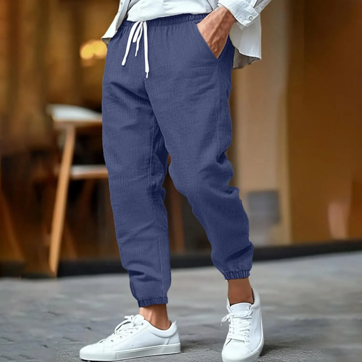 Cotton Linen Pants for Men Straight Legs Sweatpants Elastic Waist Loose Lightweight Summer Beach Outdoor Trousers